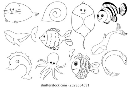 Hand Zeichnungslinie Kunst des Unterwasserlebens mit Walen, Fischen, Aalen, Muscheln, Rochen, Robben, Seepferden, Tintenfischen