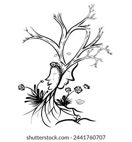 Línea de dibujo a mano de cara de pareja en forma de ilustración gráfica vectorial de diseño de árbol