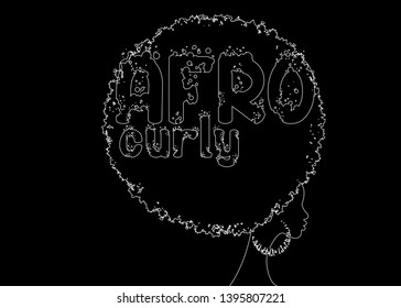 hand drawing line curly afro hair, portrait African Women , dark skin female face with curly hair afro, ethnic traditional earrings, hair style concept, Afro grunge text, vector isolated on black 