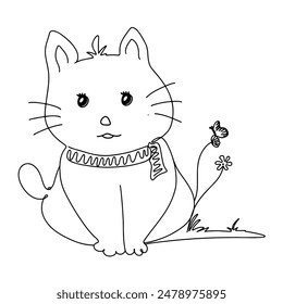 Línea de dibujo a mano de un lindo gato aislado sobre fondo transparente. ilustración de garabato de Vector