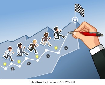 Hand drawing a line leading to the goal, running towards the goal businessman concept, isolated against blue background.