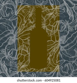 Hand drawing linear  flower composition with lilies on sea green background. With a bottle.