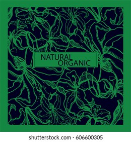 Hand drawing linear  flower  green composition with lilies on dark background. Natural/organic