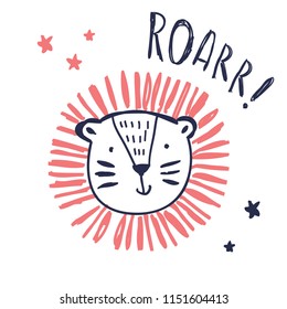 Hand drawing lion face illustration vector. Trendy scandinavian vector illustration. Perfect for kids apparel,fabric, textile, nursery decoration,wrapping paper