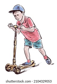 Hand drawing of little boy riding scooter outdoors on summer day