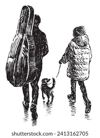 Hand drawing of little girl with her dog and musician parent carrying cello in a case walking together under umbrella along city street, isolated on white vector illustration