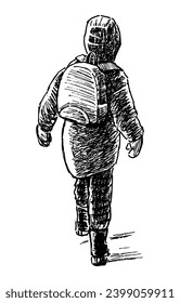 Handzeichnung eines kleinen Schuljungen mit Rucksack, der die Straße hinuntergerissen hat