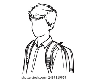 Hand drawing of little schoolboy with backpack striding down street