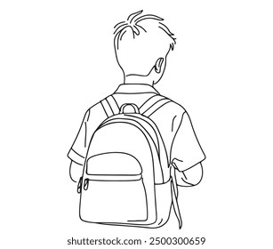 Hand drawing of little schoolboy with backpack striding down street