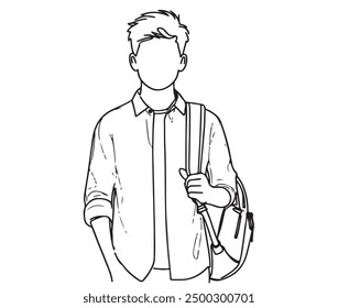 Hand drawing of little schoolboy with backpack striding down street