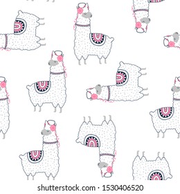 Hand Drawing Llama Pattern Seamless Vector.