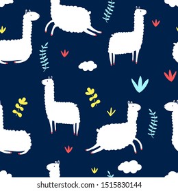 Hand drawing llama seamless pattern vector.