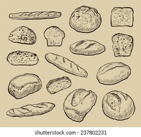 Hand Drawing Loaves Bread, Set Of Fifteen Vector Illustrations.