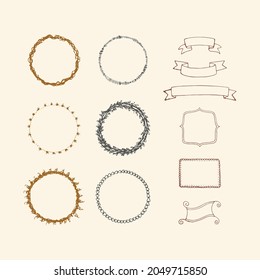 Hand drawing logo design with wreath and floral elements