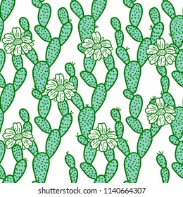 Hand drawing of a long green cactus is a seamless pattern. Vector illustration cacti isolated on white background.