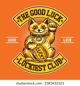 Hand Drawing Lucky Cat Vector Illustration in Patch Design The Good Luck Luckiest Club