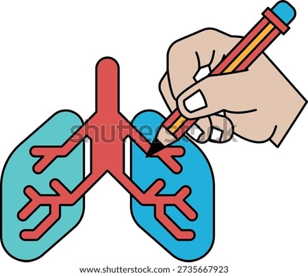 A hand is drawing a lung with a pencil. The drawing is of a person's lungs, and the hand is drawing the airways and the alveoli