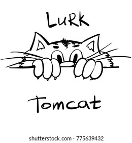 Hand drawing lurk cat. Line art for coloring book. Outline funny kitty cat  for kids design.