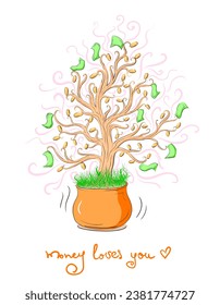 Hand drawing magic tree of abundance. Money loves you. Paper money, coins. 