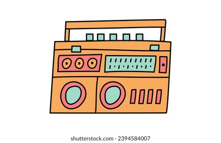 Hand drawing magnetophone for retro items. Set 90 s retro item.