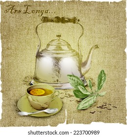 hand drawing of the maker,  cup of tea, tea leaves on canvas.vector illustration