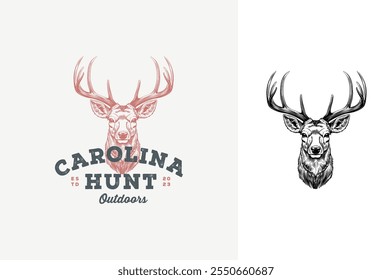 Hand Drawing of Male Deer with Antlers or Stag Hart Buck for Classic Vintage Hunting Logo Design