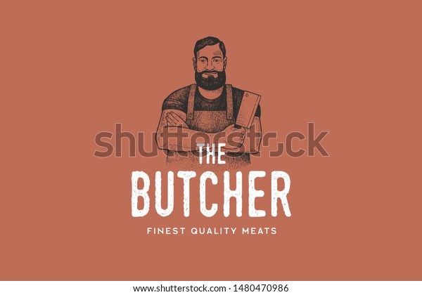 Hand\
drawing of man butcher in retro engraving style. Template of emblem\
or logo for grill restaurant, menu of steak house, for packaging in\
markets and in stores. Vector vintage\
illustration.