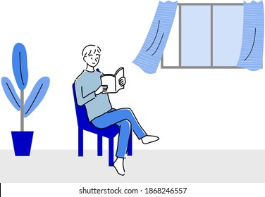 hand drawing man reading a book in a ventilated room illustration