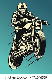 Hand drawing man wheelie the cafe racer style motorcycle