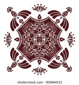 Hand drawing mandala element, silhouette in marsala color. Italian majolica style Vector illustration. The best for your design, textiles, posters, tattoos, corporate identity