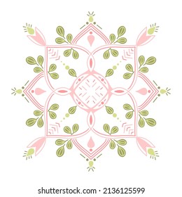 Hand, die Mandala von grünen rosa Farben zeichnet. Illustration für Henna, Mehndi, Tattoo, Dekoration. Farbbuch für Erwachsene.