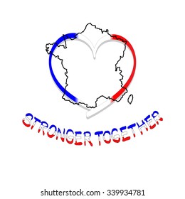 Hand drawing map and France flag heart shape, pray for Paris and stronger together. 