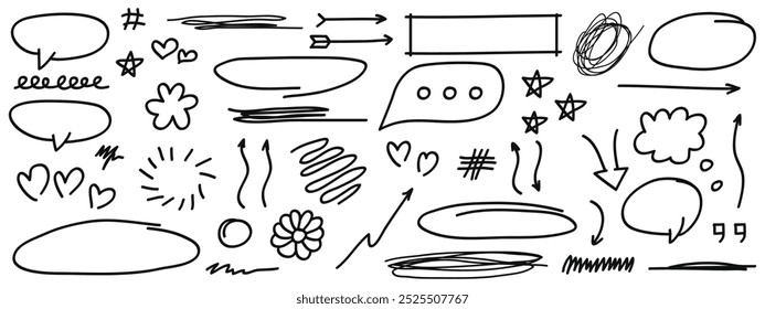 Hand drawing marker pen strokes doodle design elements, black on white isolated background.Vector illustration