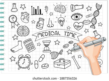 Hand drawing medical element in doodle or sketch style on notebook illustration