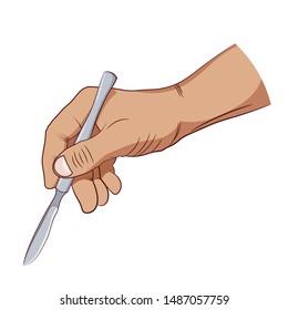 Hand drawing of a medical metal scalpel and human hand on a white background. The brush of a surgeon cutting the skin for surgery. Vector illustration of a medic and scalpel