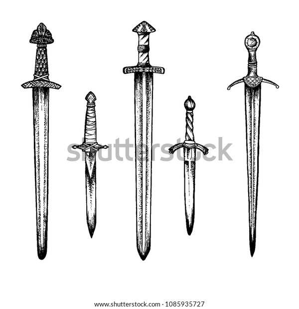 Hand Drawing Medieval Swords Stock Vector (Royalty Free) 1085935727