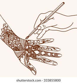 Hand drawing mehendi pattern on female palm sketch vector illustration