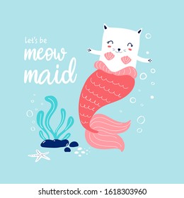 Hand drawing mermaid cat illustration vector for girls print design.