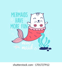 Hand drawing mermaid cat illustration vector for girls print design.