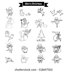 Hand drawing Merry Christmas funny Santa Claus and all elements doodle set line art Vector design character