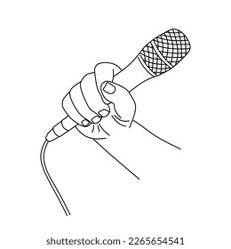 Hand drawing a microphone or mic. Hand holding a microphone in a hand. Linear minimal style design. Vector illustration