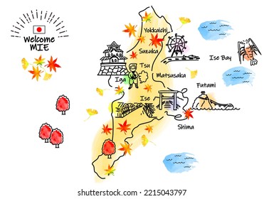 hand drawing MIE JAPAN in Autumn tourist spot map, vector