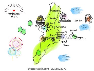 hand drawing MIE JAPAN tourist spot map, vector