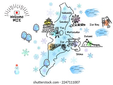 hand drawing MIE JAPAN tourist in Winter spot map, vector