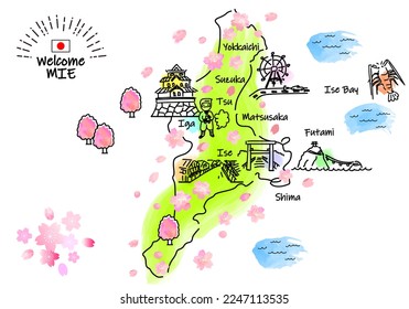 hand drawing MIE JAPAN tourist in Spring spot map, vector