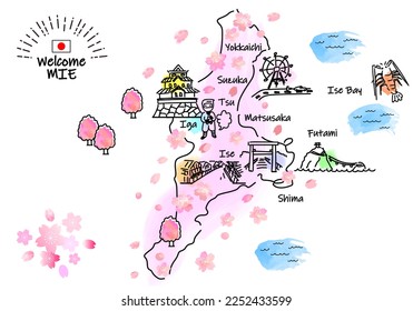 hand drawing MIE JAPAN tourist in Spring spot map, pink, vector