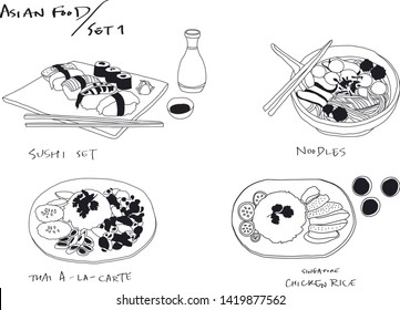 Hand drawing in minimal style of Asian famous foods and drink with the unique hand writing typography.
Asian Food Set 1; Japanese sushi, Chinese noodles, Thai a-la-carte, and Singapore chicken rice