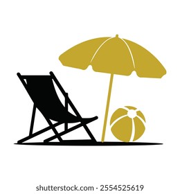 Hand drawing Minimalist Summer Beach Scene with Umbrella and Chair vector Illustration on white background 