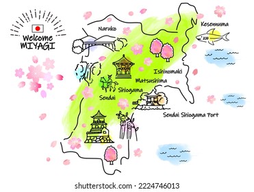 hand drawing MIYAGI JAPAN in Spring tourist spot map, vector