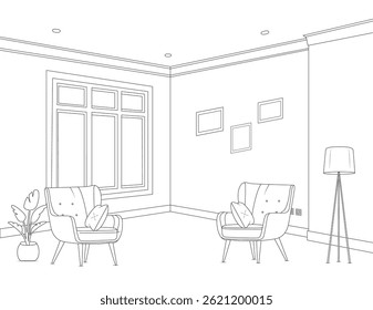 Desenho de mão sala de estar moderna com fundo branco, esboço linha arte, Linha desenho de móveis para o interior da sala de estar com lâmpada de cadeira e planta em vaso, Grandes janelas, Interior moderno e móveis